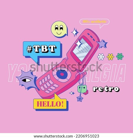 Pink flip phone Y2K square banner template. Nostalgia vector design with speech bubbles, smile character, and typography.