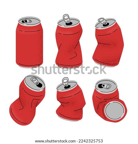 Crumpled or crushed aluminum can vector illustration set. Different stages. Simple flat textured design. Editable stroke.