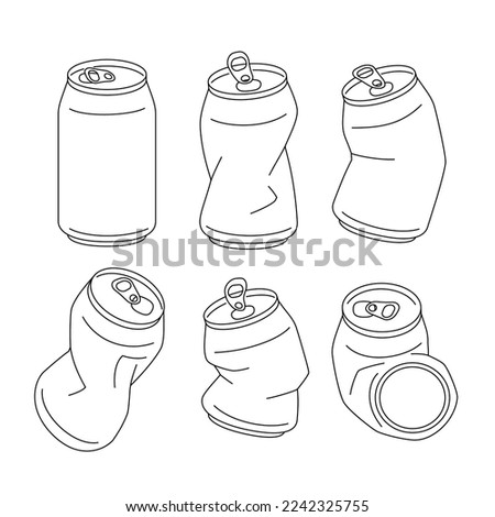 Crushed aluminum can vector illustration. Outline Set. Different stages. Simple linear design. Editable stroke.