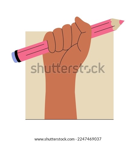 Raised fist with pencil. Learning and education metaphor. Back to school flat icon. Vector illustration isolated on white background. Editable stroke.