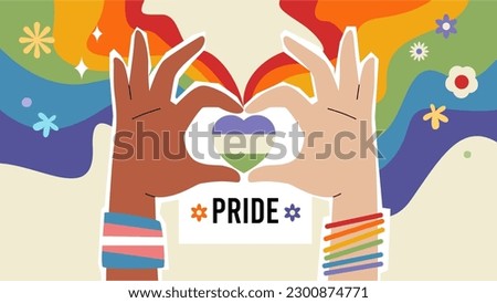 Vector illustration of two hands with genderqueer pride colored heart. Lgbt rainbows. Gay parade, pride month or festival celebration. Pride month web banner, poster template. 
