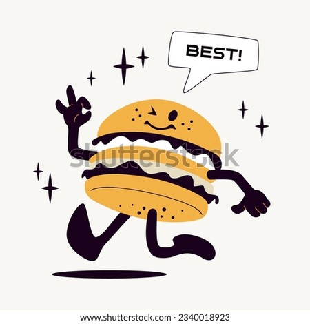 Best burger retro character with OK gesture. Cartoon or comic vector illustration isolated on white background. Modern vintage mascot.