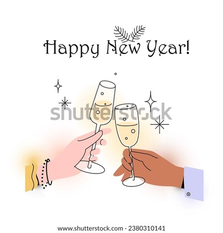 Hands with sparkling drinks or champagne clinking glasses. Cheers or Happy New Year. Vector flat illustration on light gradient background.