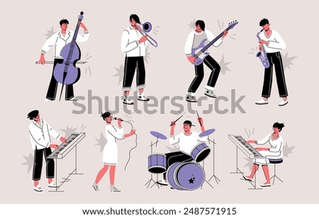 Rock and jazz musicians set. Cartoon characters playing musical instruments. Rock or jazz band members performance. Vector illustrations set isolated on beige bg.