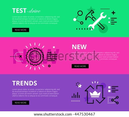 Flat line web banners of business process. Line hammer, wrench, award ribbon and trend symbol for websites and marketing materials with call to action buttons, ready to use