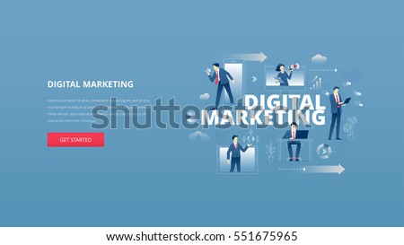 Vector illustrative hero banner of digital marketing. Marketing hero website header with men and women business characters around words 'digital marketing' over digital world map