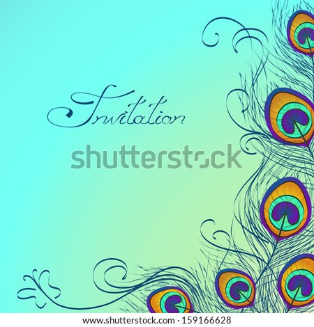 Card or invitation with iridescent peacock feathers decoration on blue  background - Stock Image - Everypixel