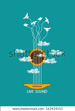 Musical illustration with concept guitar and birds in the sky