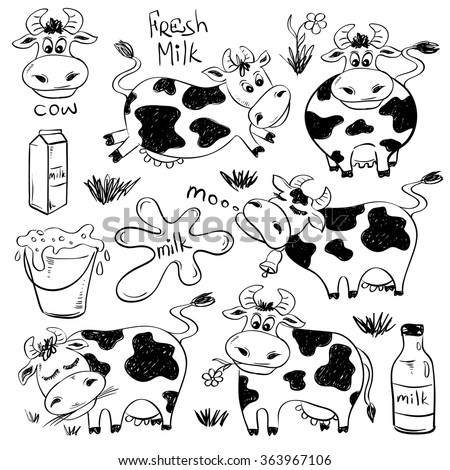 Set of isolated funny sketch cow and milk product icons. Cartoon cute cows.