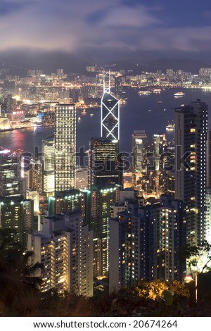 Hong Kong island photographed from Victoria\'s Peak at night.