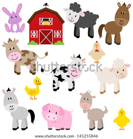 Vector Collection of Cute Cartoon Farm Animals and Barn