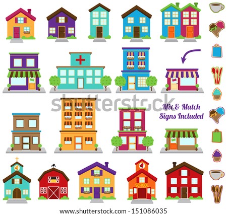 Vector Collection of City and Town Buildings, including various signs