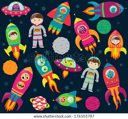 Vector Collection of Cartoon Rocketships, Aliens, Robots, Astronauts and Planets
