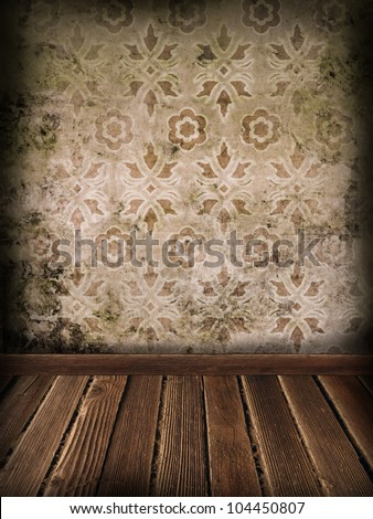 Retro floral wallpaper and wooden floor