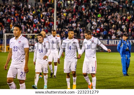 HARTFORD - OCTOBER 10: US players on US Men`s International Friendly match between US Men`s National Team vs Ecuador, on October 10, 2014, in Rentschler Field stadium, Hartford, USA.