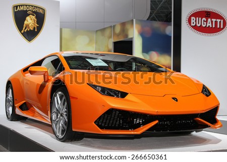 NEW YORK - APRIL 1: Lamborghini exhibit at the 2015 New York International Auto Show during Press day,  public show is running from April 3-12, 2015 in New York, NY.