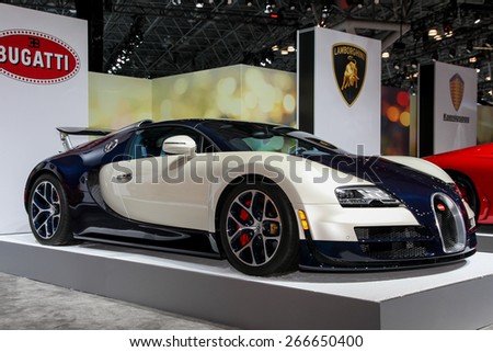 NEW YORK - APRIL 1: Bugatti exhibit at the 2015 New York International Auto Show during Press day,  public show is running from April 3-12, 2015 in New York, NY.