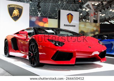 NEW YORK - APRIL 1: Lamborghini exhibit at the 2015 New York International Auto Show during Press day,  public show is running from April 3-12, 2015 in New York, NY.