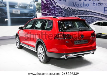 NEW YORK - APRIL 1: Volkswagen exhibit Volkswagen Golf Sport wagen alltrack at the 2015 New York International Auto Show during Press day, public show is running from April 3-12, 2015 in New York, NY.