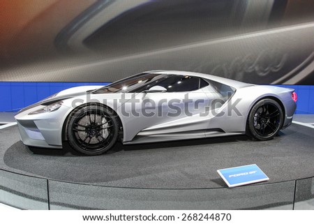 NEW YORK - APRIL 1: Ford exhibit Ford GT at the 2015 New York International Auto Show during Press day,  public show is running from April 3-12, 2015 in New York, NY.