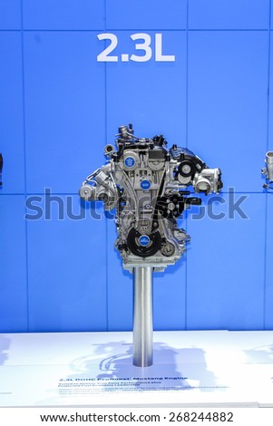 NEW YORK - APRIL 1: Ford exhibit 2.3L Mustang engine at the 2015 New York International Auto Show during Press day,  public show is running from April 3-12, 2015 in New York, NY.