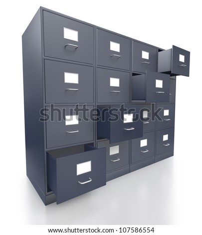 Four grey filing cabinets with open  drawer on a white background