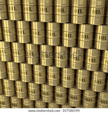 A wall of oil barrels as golden monolithic structure from higher perspective looking down