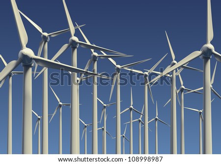 Wind farm or electrical generators against a blue sky background