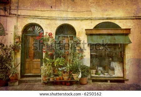 Artistic work of my own in retro style - Postcard from Italy. - Florist - Lucca, Tuscany.