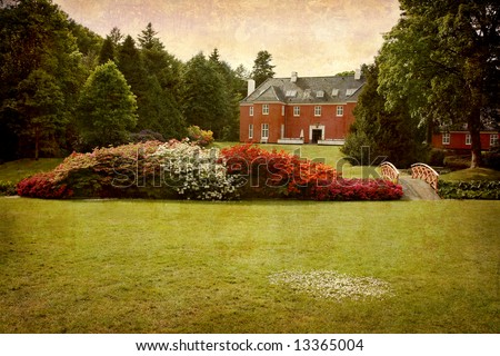 Artistic work of my own in retro style - Postcard from Denmark. - Manor house with beautiful park.