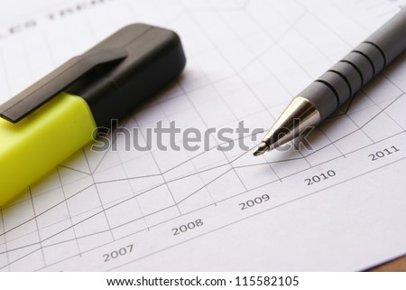 Pen and Highlighter on Financial Chart with positive growth pattern