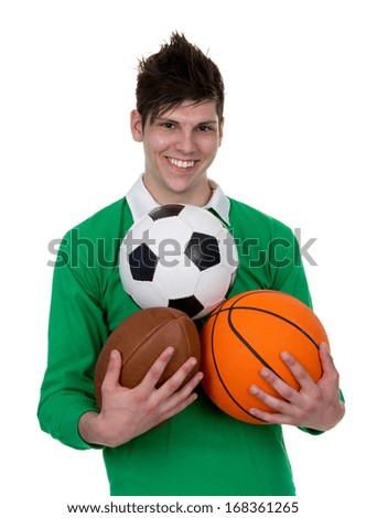 A isolated image of a sportsperson holding three different balls, rugby, basketball and a football. The image is isolated on white