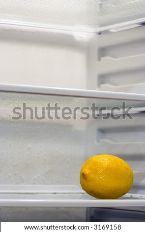 A lemon inside fridge, sitting alone on the shelf. Copyspace provided.