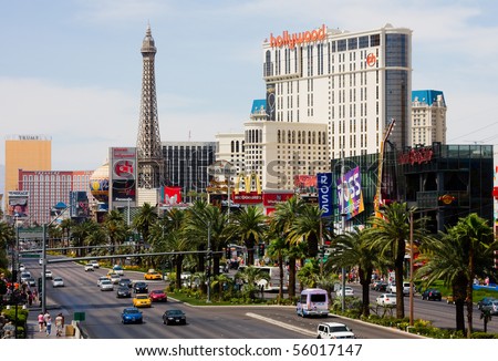 LAS VEGAS - JUNE 3: A view of Las Vegas strip on June 3, 2010 in Las Vegas. The strip is approximately 4.2 mi (6.8 km) long.