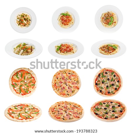 Collection of italian pasta and pizza  isolated on white background