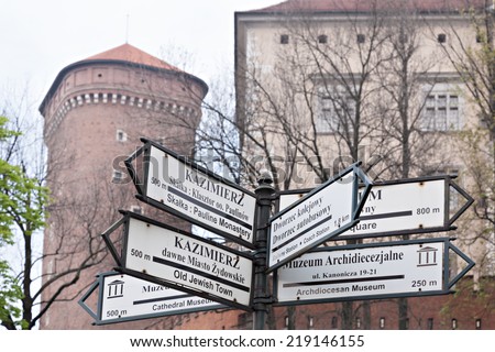 The direction indicator to the main landmarks in Krakow, Poland.