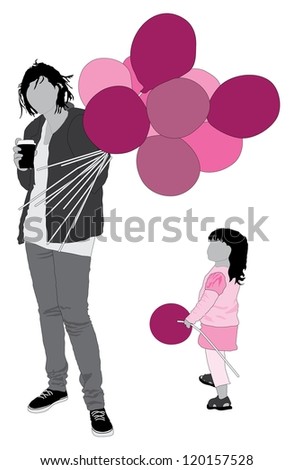 Woman and girl holding pink / purple balloons