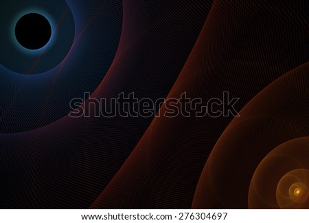 Intricate orange, red and blue abstract woven disc / hole design on black background