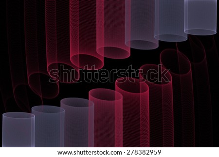 Funky pink and silver abstract hollow cylinders on black background
