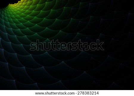 Intricate yellow / green and blue abstract curved wave design on black background