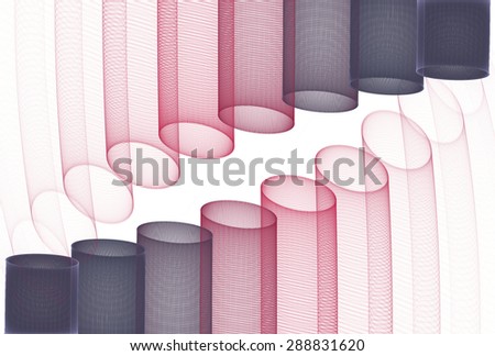 Funky pink and silver abstract hollow cylinders on white background