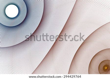 Intricate orange, red and blue abstract woven disc / hole design on white background