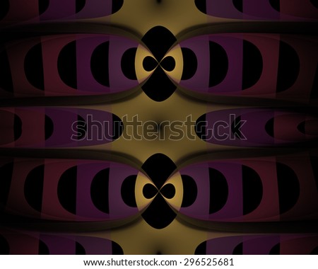 Intricate yellow-gold and purple abstract woven masks on black background