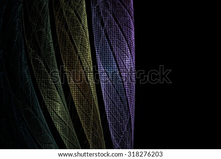 Shiny green, copper and purple abstract mosaic fabric on black background