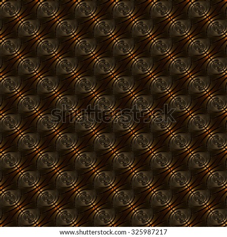 Intricate copper / orange abstract shiny woven discs on black background (tile able)