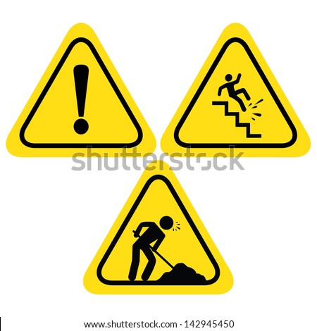 WARNING SAFETY SIGNS (UNDER CONSTRUCTION ROAD SIGN, HAZARD WARNING SIGN WITH EXCLAMATION, FALLING OF THE STAIRS SIGN) VECTOR
