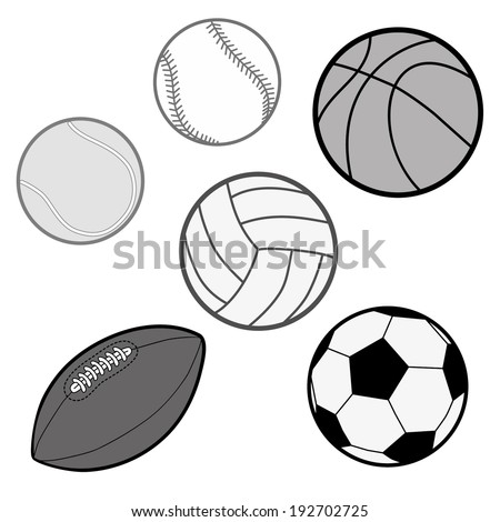 Sports Balls in grey scale (baseball, basketball, tennis ball, volleyball, rugby, soccer ball) Illustration Vector