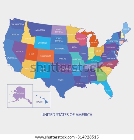 USA MAP IN COLOR WITH NAME OF COUNTRIES,UNITED STATES OF AMERICA MAP, US MAP flat illustration vector