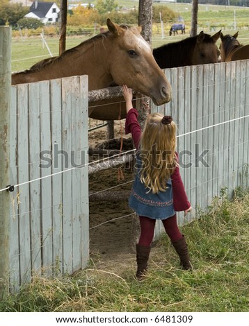 Rear view of female child reaching up to pet a horse.