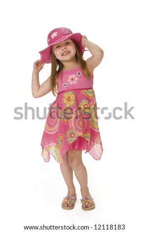 Cute 5 Year Old Girl Wearing A Pink Summer Dress And Hat. White ...